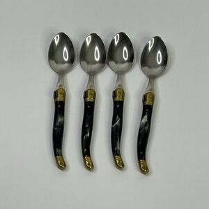 Laguiole Inox Teaspoons Set Of 4 Black Marbled + Brass Bolsters France Curved*